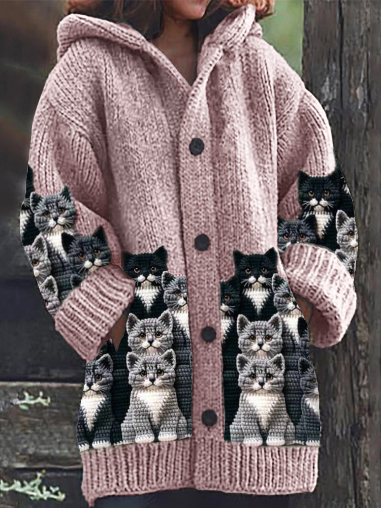 Comstylish Crowded Cats Crochet Art Cozy Knit Hooded Cardigan