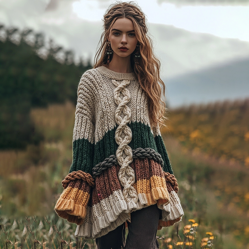 Women's Celtic Knot Jacquard Contrast Crew Neck Sweater Dress artswardrobe