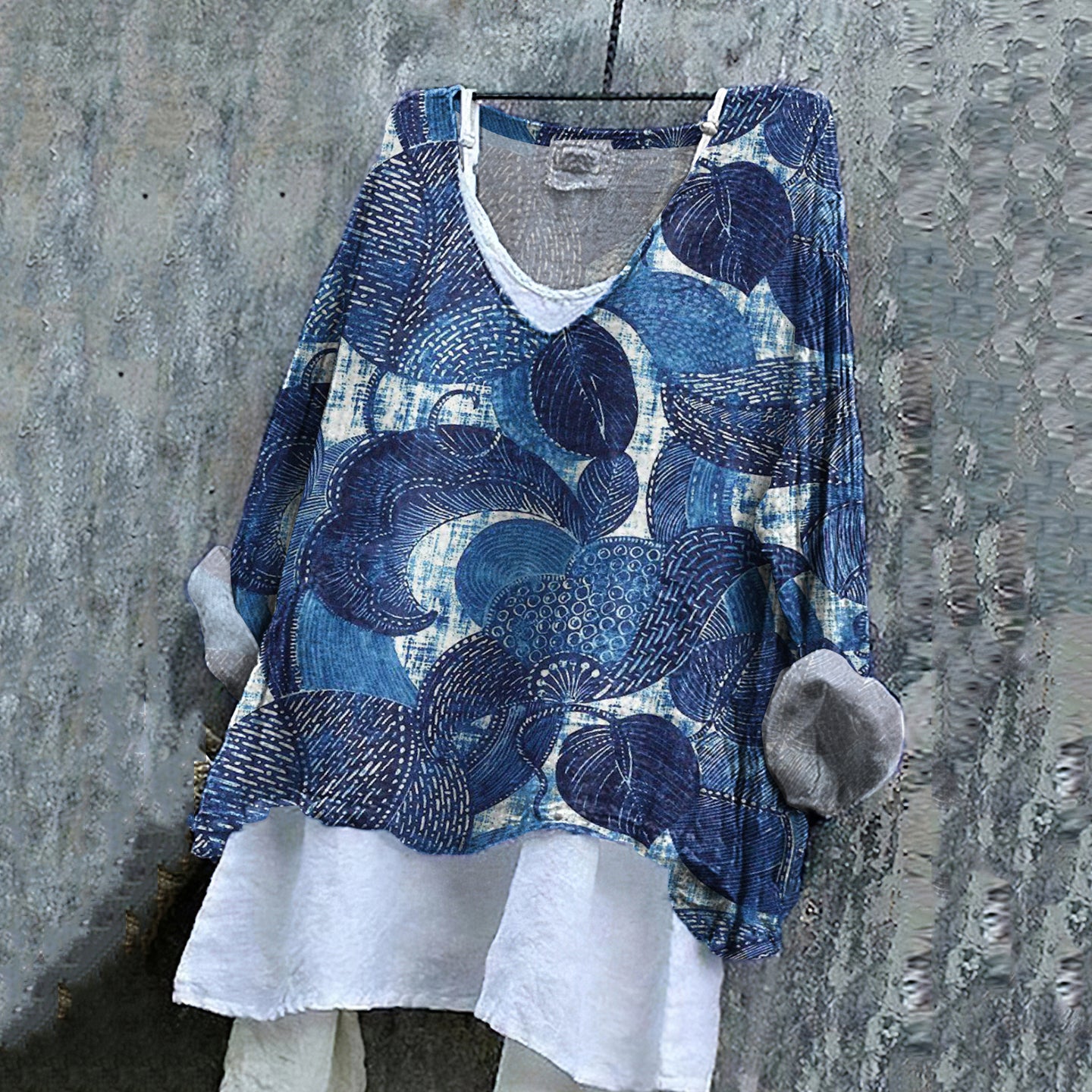 Comstylish Women's Japanese Flower Art V-neck Linen Blend Shirt