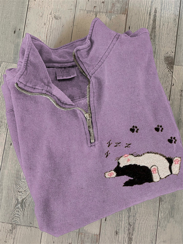 Sleeping Cat Embroidered Text Print Zipper Casual Sweatshirt elevenforest