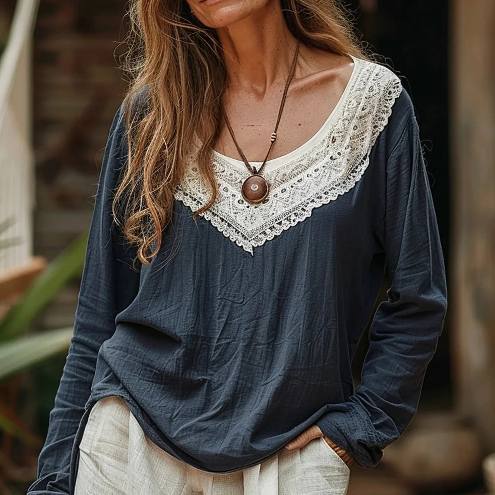 Elegant Lace Embroidery Floral Art Long Sleeve Cozy Tunic artswardrobe