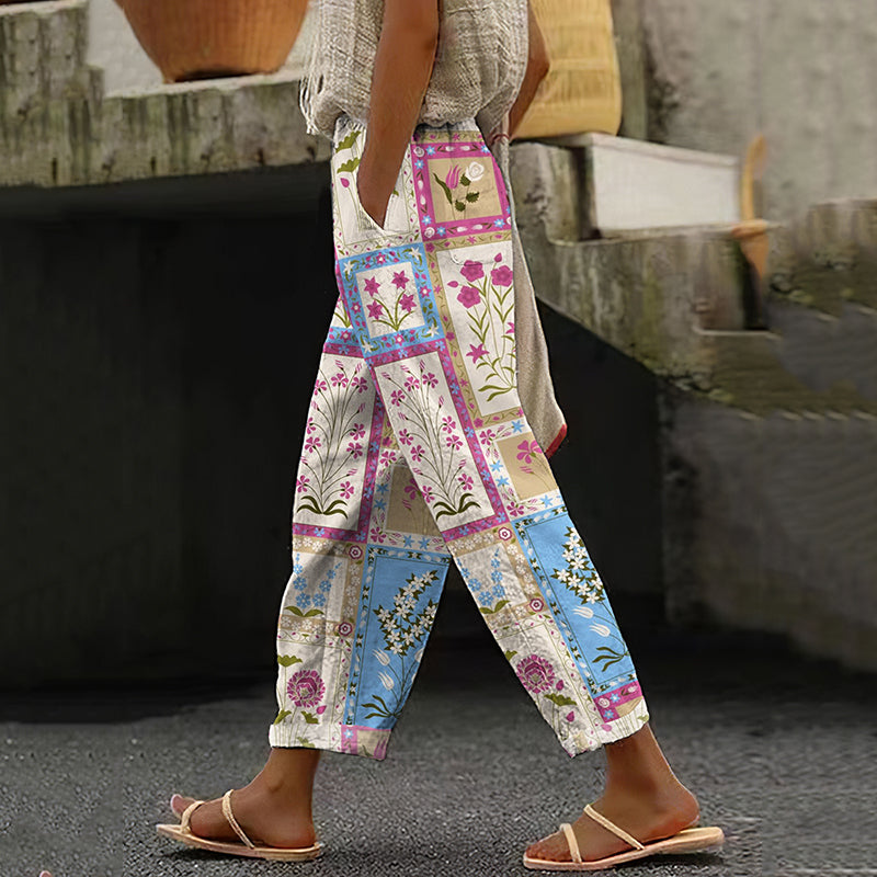 Comstylish Women's Retro Geometric Floral Art Cotton And Linen Casual Pants