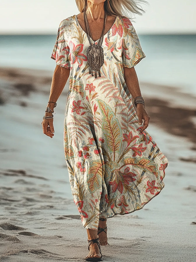 Women's Vintage Floral Art Print Short Sleeve Pocket Cotton Dress