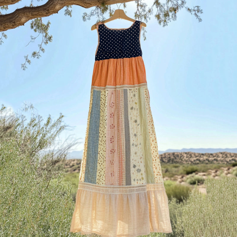 Comstylish Vintage Polka Dot And Floral Patchwork Art Linen Tank Dress