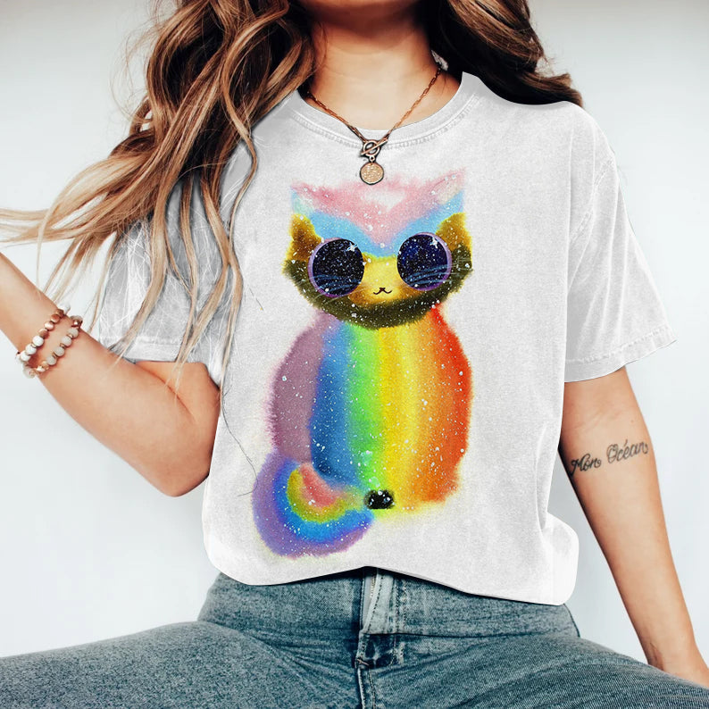 Women's Pride Color Cat Art Short Sleeve T-shirt elevenforest