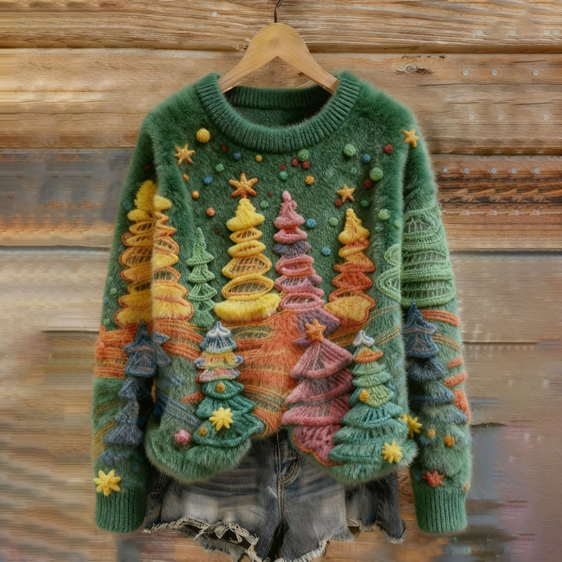 Comstylish Women's Colorful Christmas Tree Embroidery Art Comfort Plush Sweatshirt