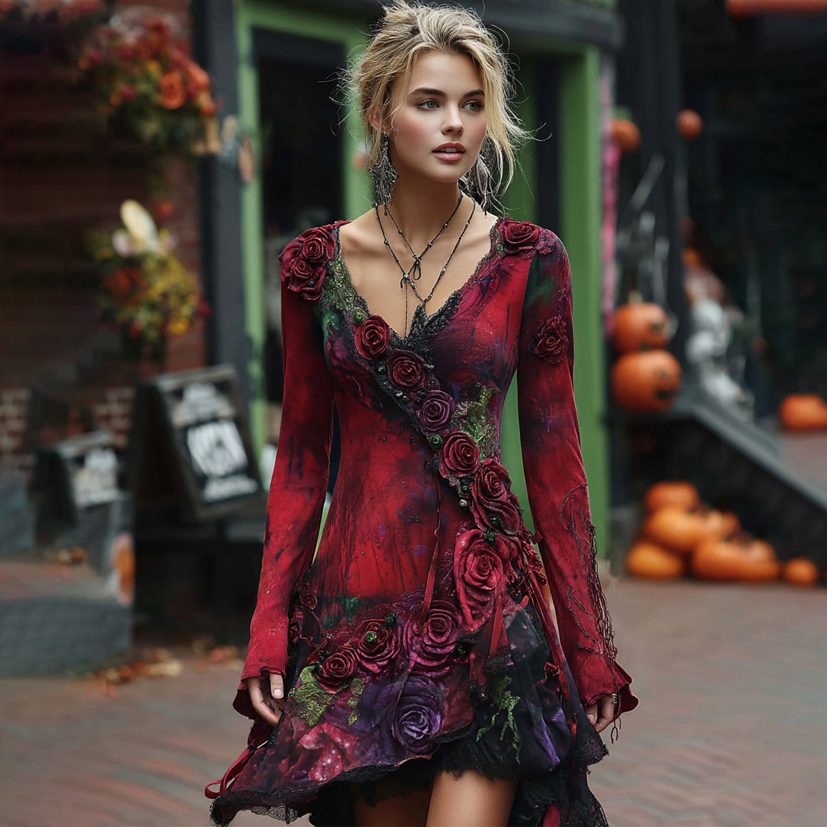 Retro Red Rose Embroidery Beaded Gradient Mini Dress artswardrobe