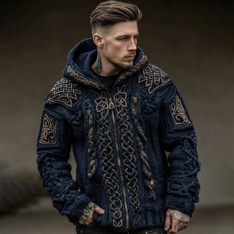 Men's Vintage Viking Jacquard Knitted Cozy Hooded Cardigan artswardrobe
