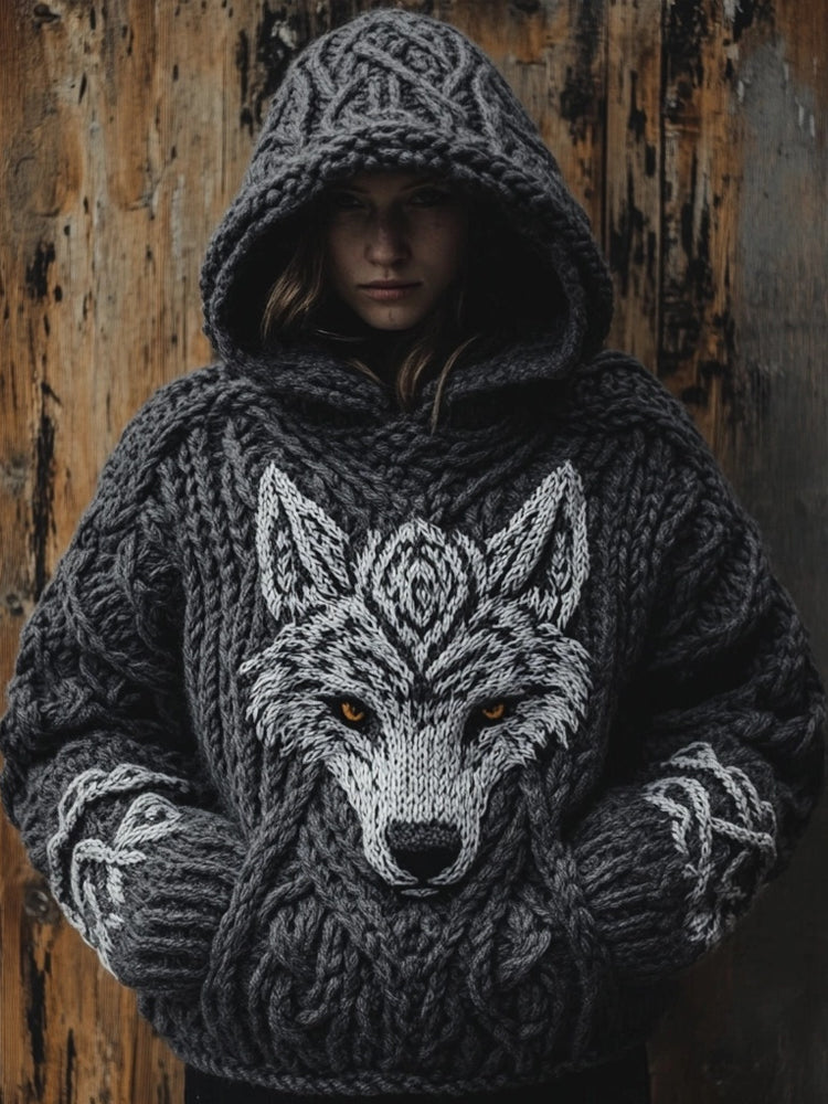 Viking Wolf Inspired Celtic Chunky Cozy Hooded Sweater artswardrobe