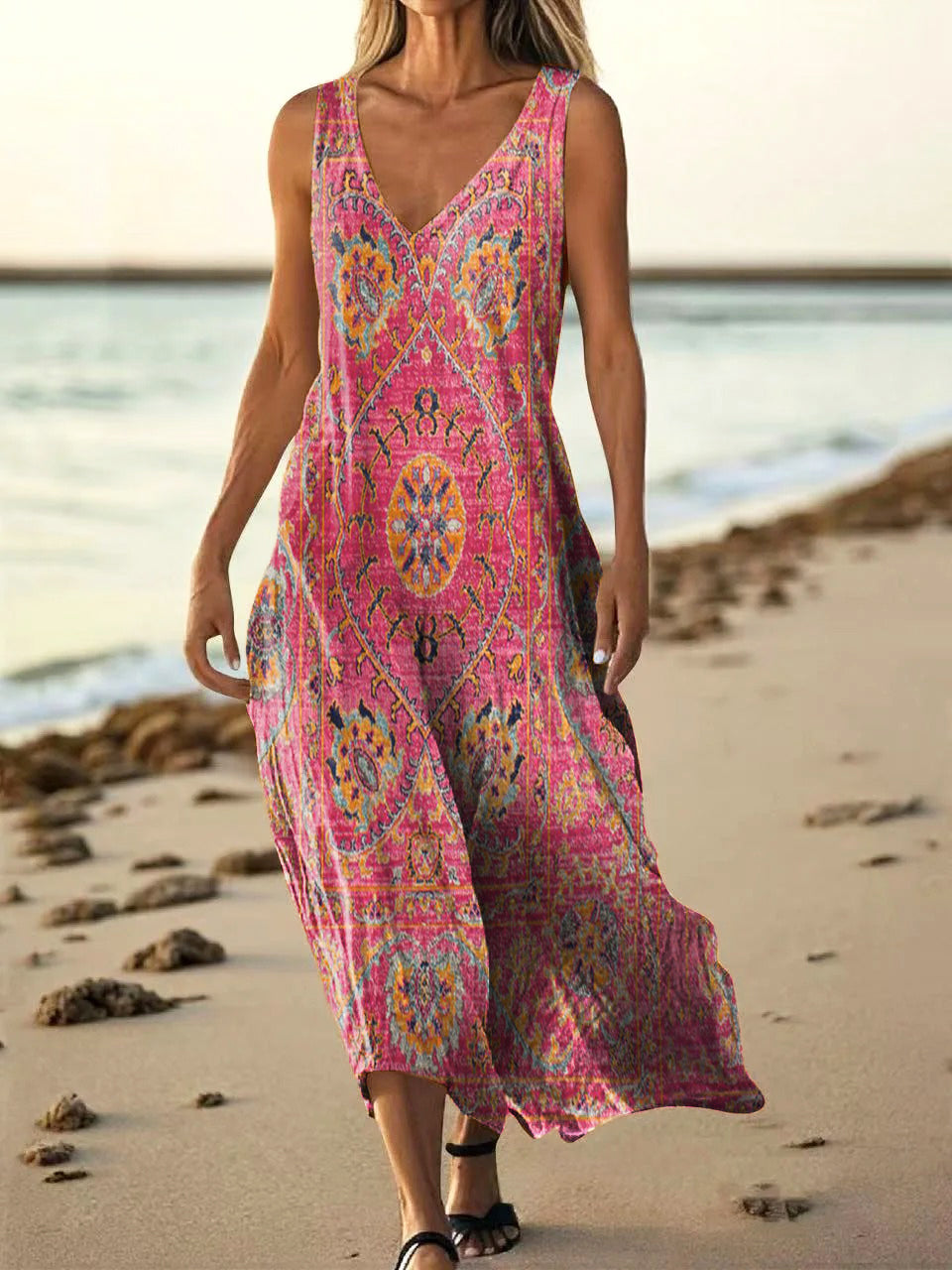 Women's Retro Ethnic Totem Art Pattern Print V-neck Sleeveless Pocket