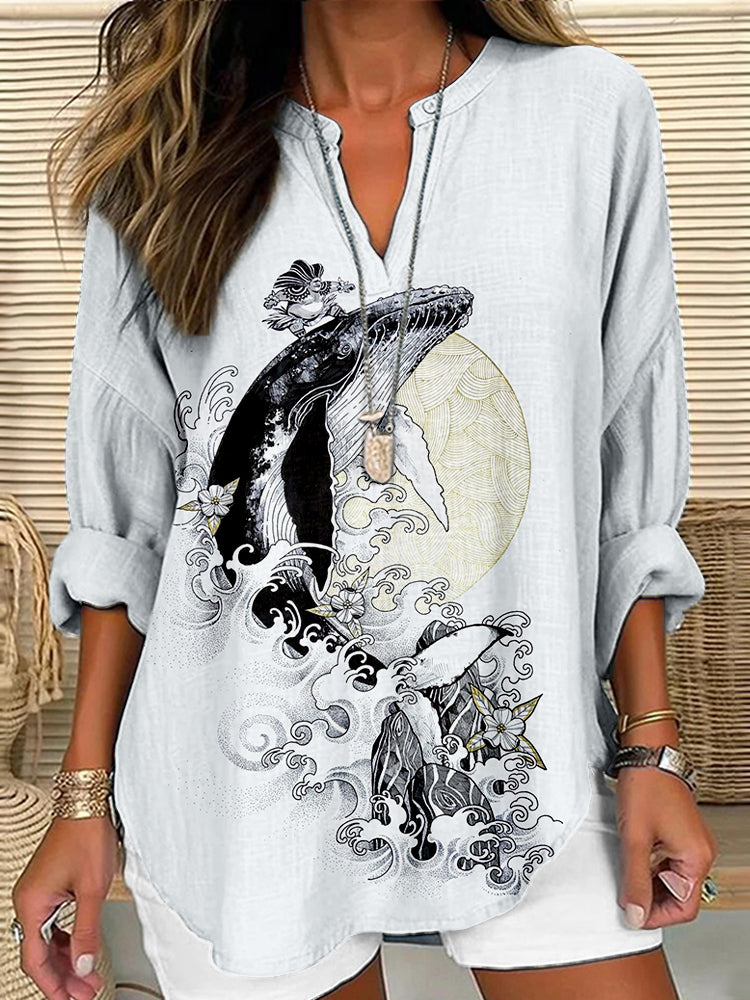 Comstylish Vintage Japanese Whale Art Linen Blend Cozy Tunic