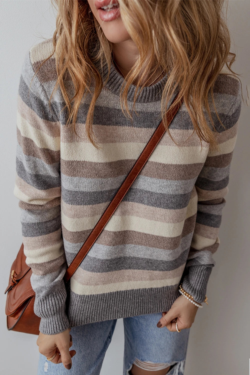 Sonja® | Gray striped sweater with ribbed trim and crew neck