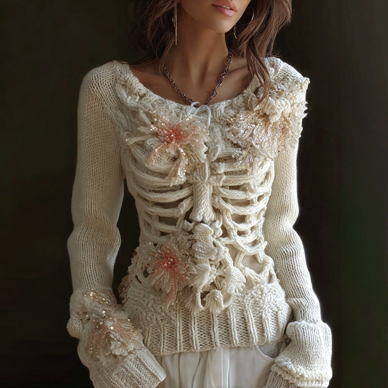 Comstylish Women's Vintage Skeleton & Floral Art Cozy Sweater