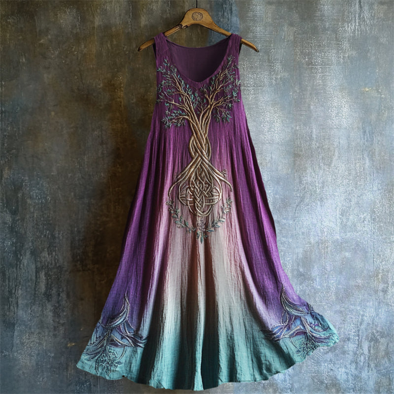 Vintage Tree Of Life Embroidered Gradient Linen Dress artswardrobe