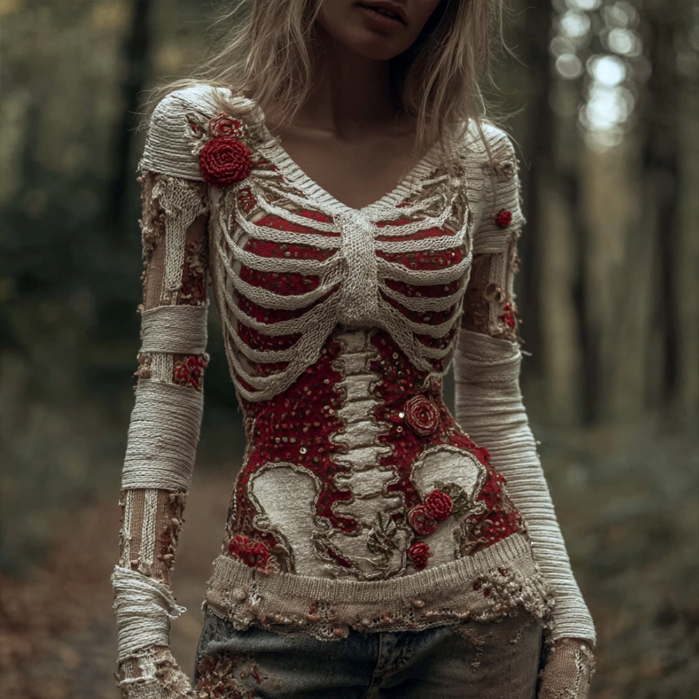 Women Halloween Skeleton Rose Vintage Bandage V-neck Sweater artswardrobe