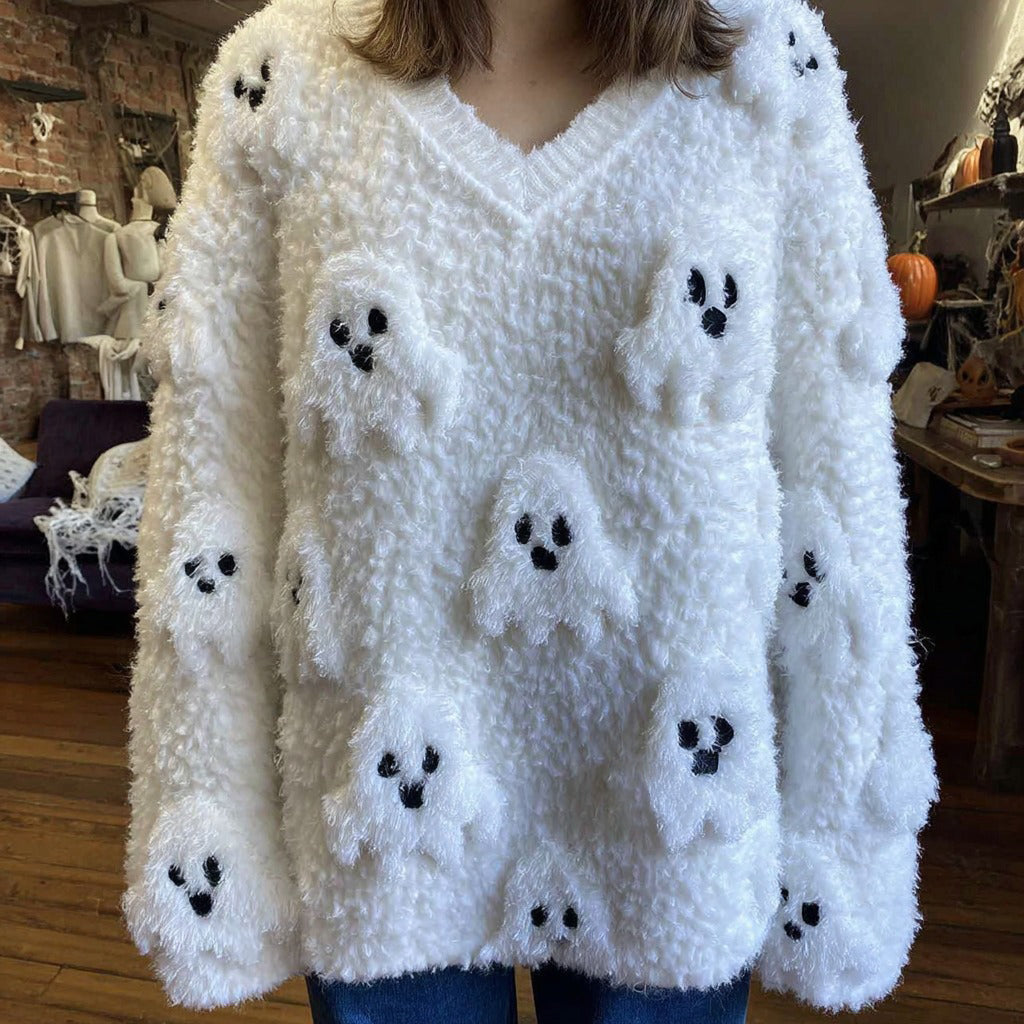 Halloween Cute Ghost Fluffy V-neck Cozy Fuzzy Sweater artswardrobe