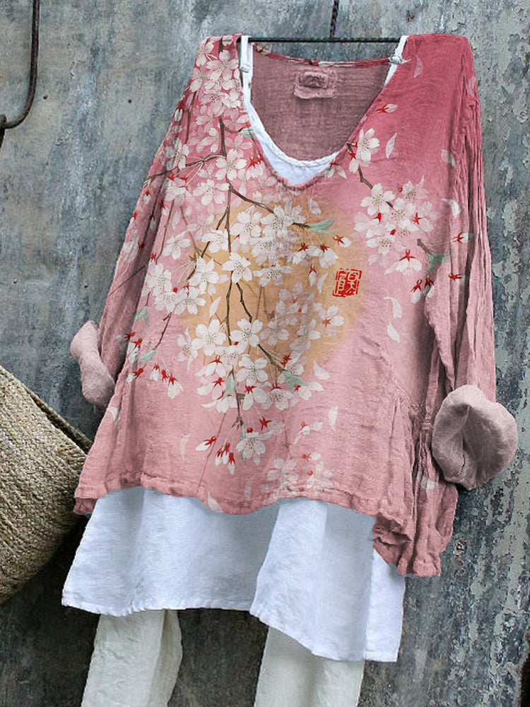 Comstylish Cherry Blossom Full Moon Japanese Art Flowy Tunic