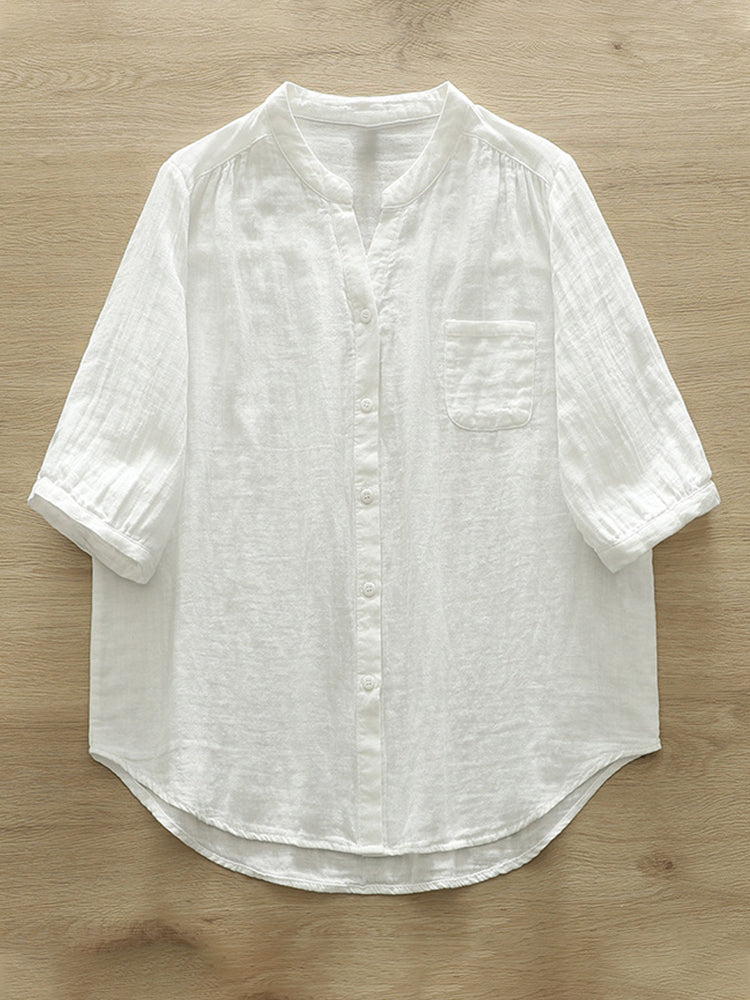 Comstylish Women's Simple Solid Color Linen Blend Casual Shirt