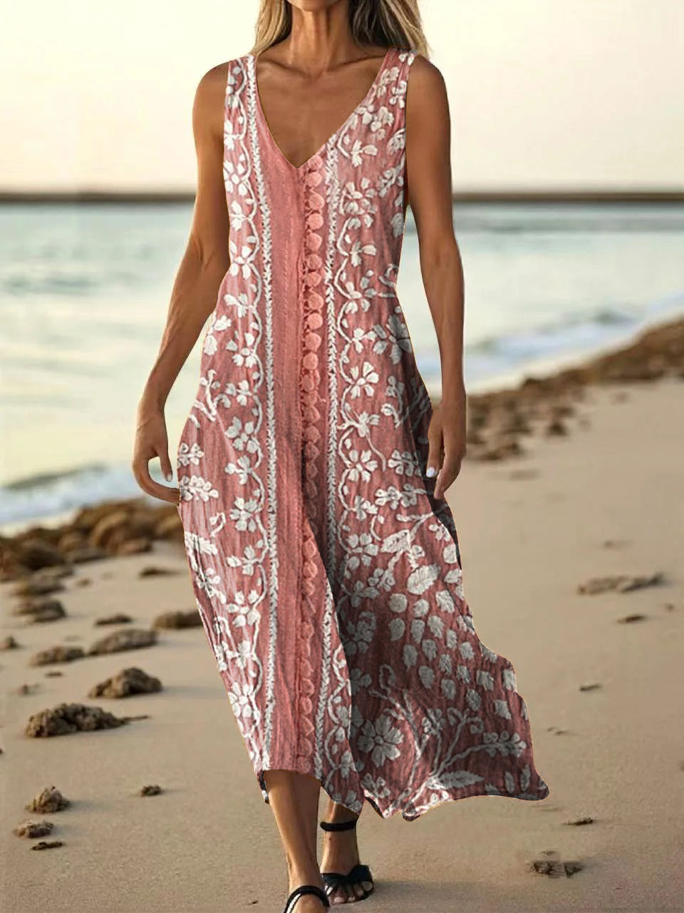 Women's Vintage Ethnic Floral Art Print Pocket Cotton Dress