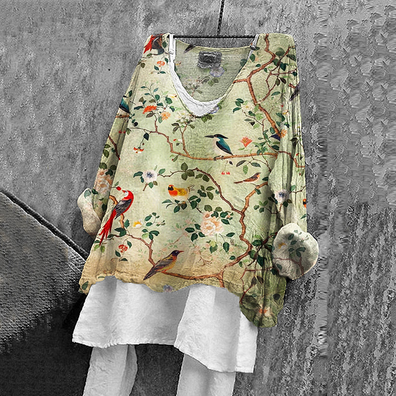 Comstylish Women's Japanese Flower And Bird Art Print Loose V-neck Shirt