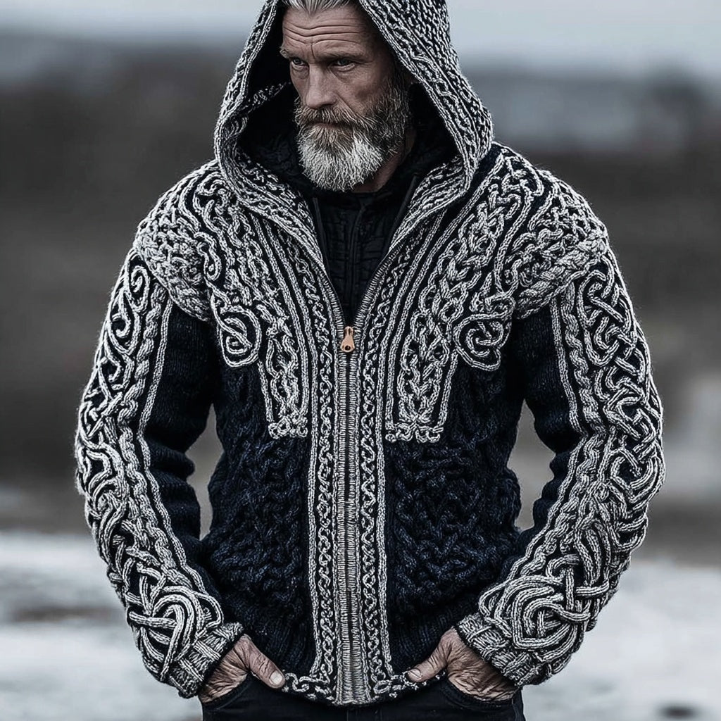 Men's Viking Inspired Celtic Contrast Zip Up Hooded Cardigan artswardrobe