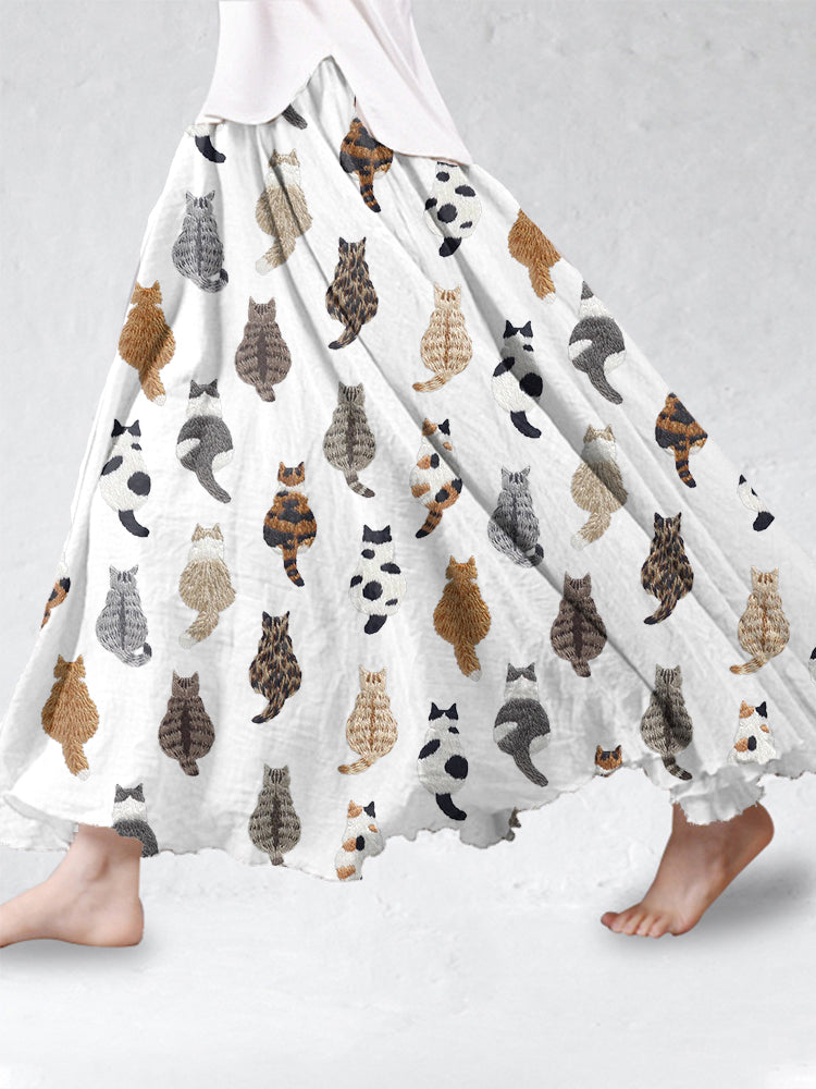 Comstylish Cute Cats Embroidery Pattern Linen Blend Skirt