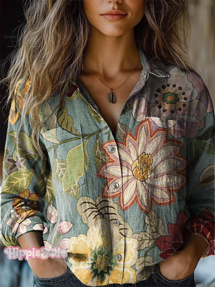 Women's Retro Floral Print Casual Long Sleeve Comfortable Cotton Shirt