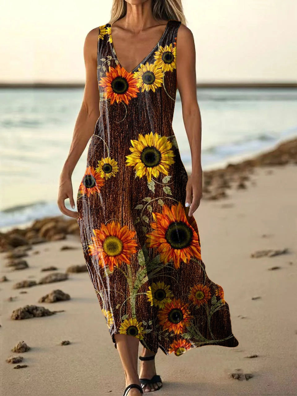 Women's Bohemian Floral Art Print Pocket Cotton Dress