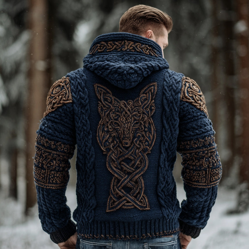 Men's Vintage Viking Wolf Celtic Knot Art Chunky Knit Hooded Zip-up Sweater artswardrobe