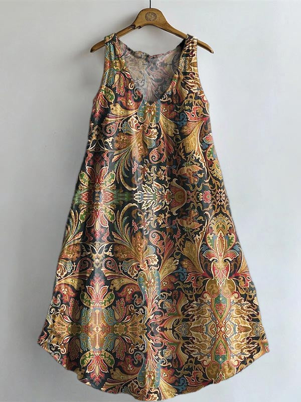 Women's Retro Ethnic Totem Pattern Print V-neck Pocket Cotton Dress