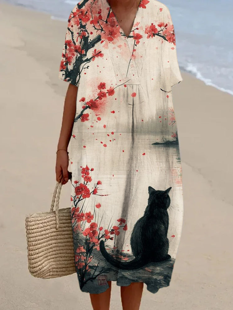 Comstylish Japanese Floral & Cat Pattern Women's V-neck Short Sleeve Linen Maxi Dress
