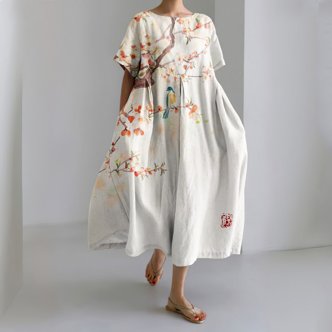 Comstylish Flower And Bird Print Crew Neck Loose Midi Dress