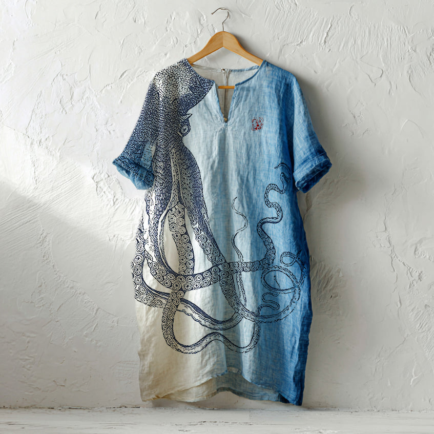 Comstylish Japanese Octopus In Gradient Art Linen Tank Dress