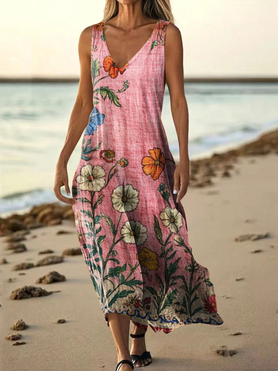 Women's Floral Art Print Pocket Cotton Dresses