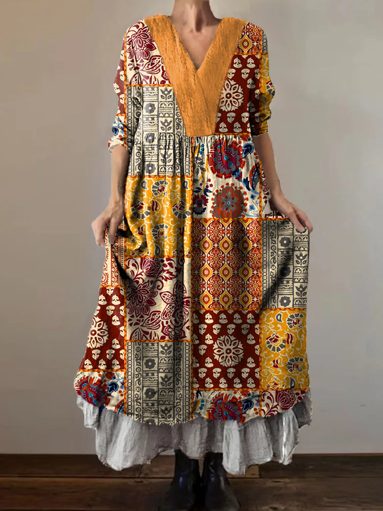 Women's Ethnic Collage Art Pattern Print V-Neck Pocket Cotton Dress