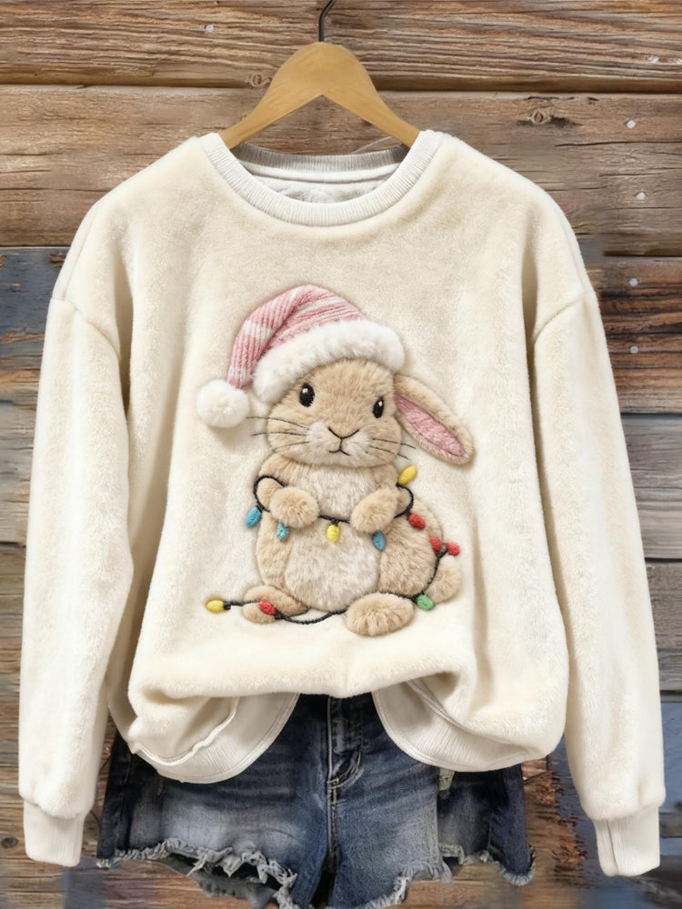 Comstylish Cute Christmas Bunny Embroidered Cozy Plush Sweatshirt