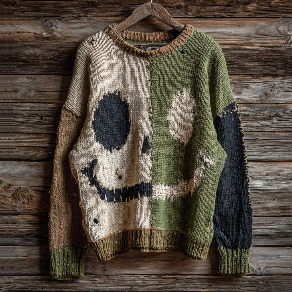 Halloween Spooky Face Contrast Stitching Cozy Crew Neck Knitted Sweater artswardrobe