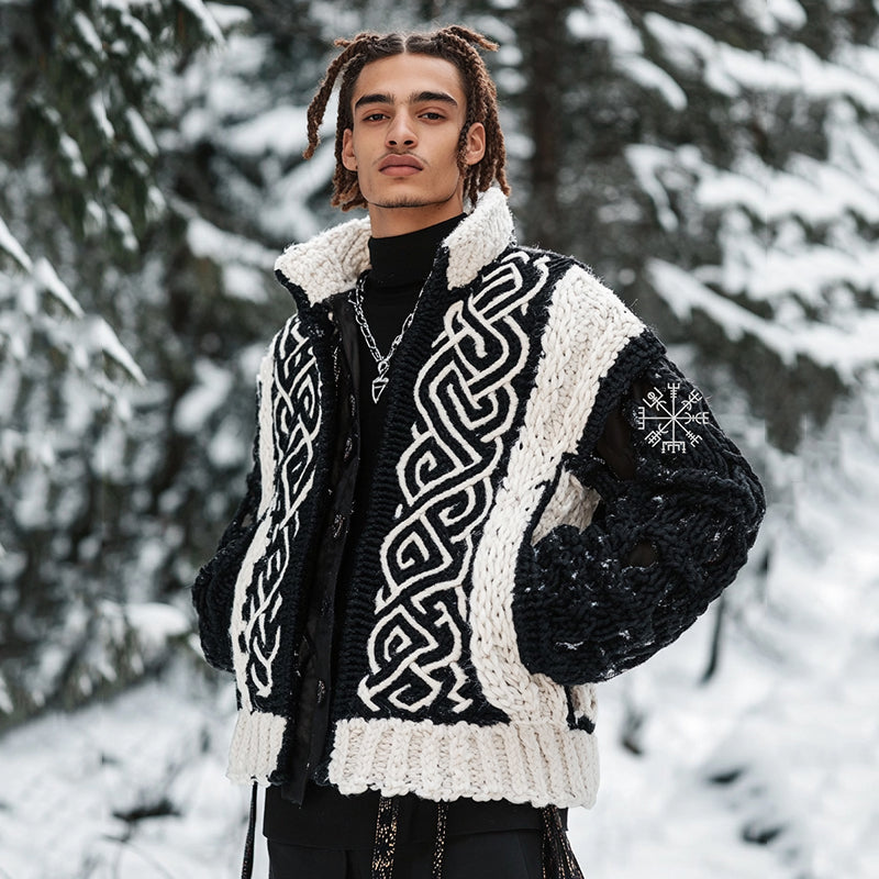 Men's Viking Tribal Geometry Jacquard Celtic Knit Cardigan Sweater artswardrobe