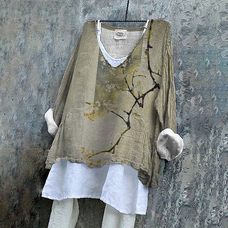 Comstylish Women Japanese Art Branch Printed V Neck Shirt