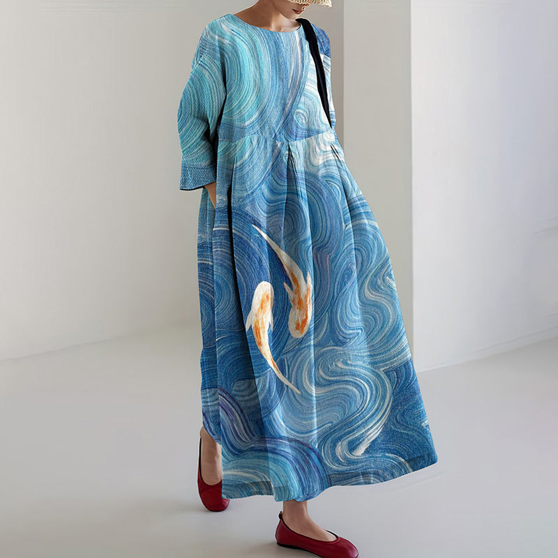 Comstylish Japanese Art Wave Goldfish Print Crew Neck Loose Midi Dress