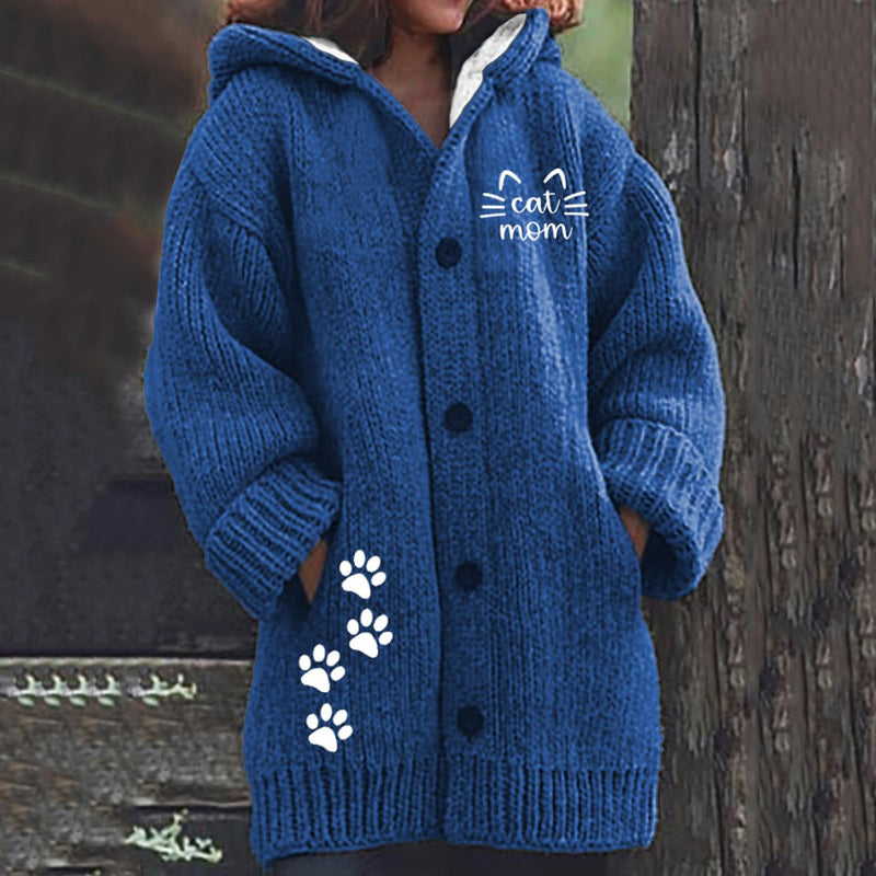 Comstylish Cat Print Long Sleeved Knitted Hooded Cardigan