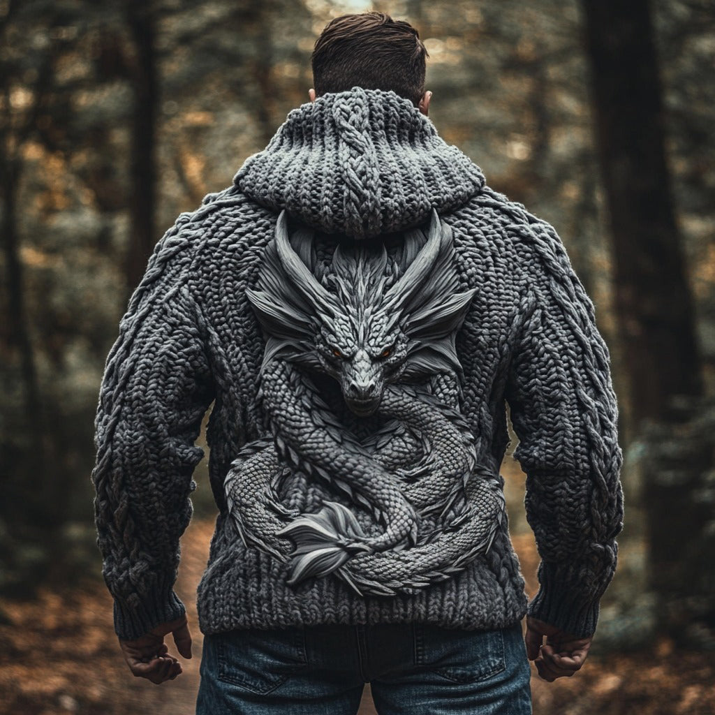 Men's Dragon Viking Chunky Knit Hooded Sweater artswardrobe
