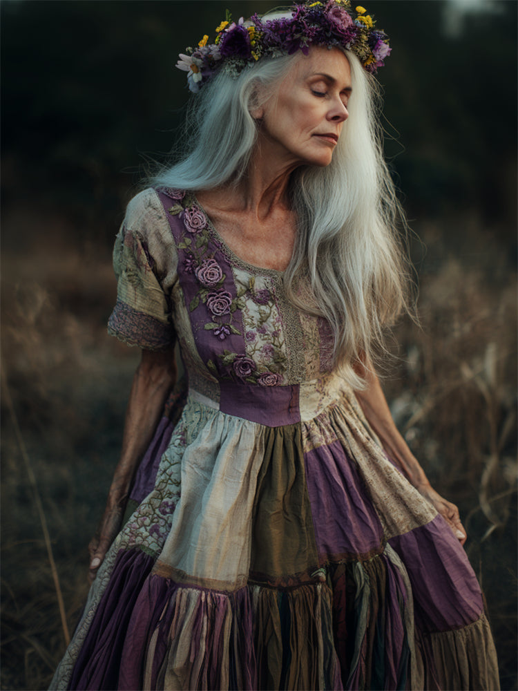 Vintage Cottagecore Purple Roses Floral Patchwork Linen Dress artswardrobe