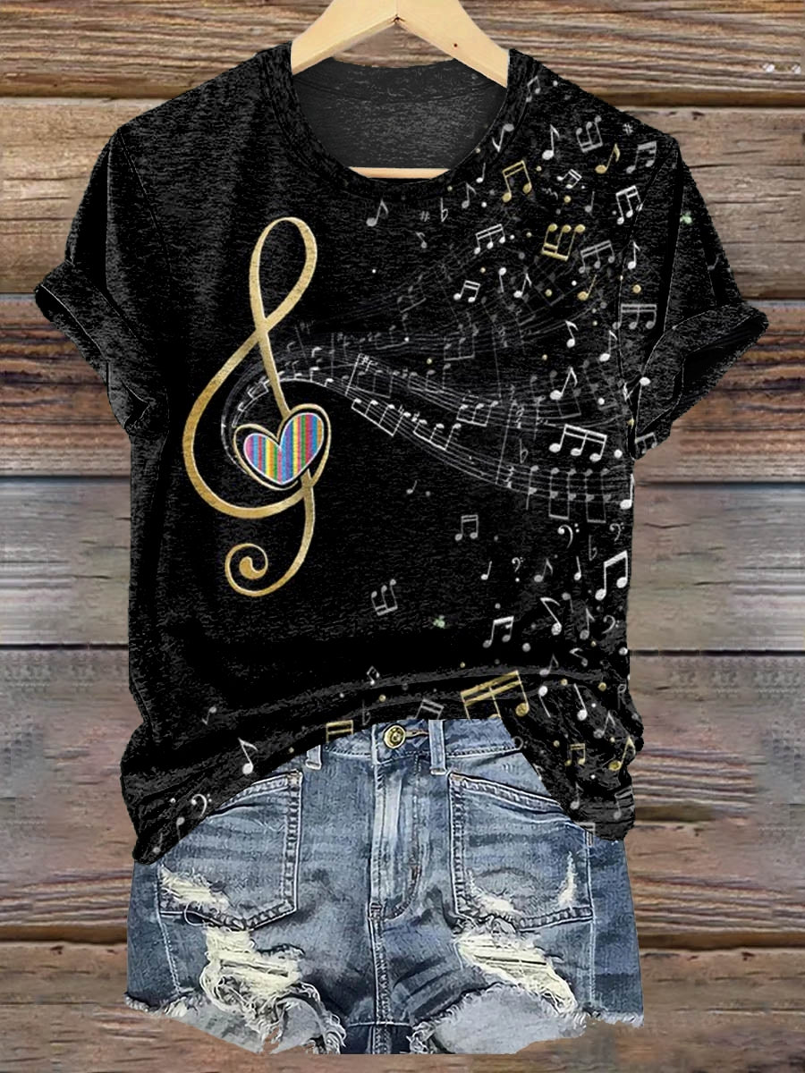 Women's Music Clef Pattern Print Casual Crew Neck T-Shirt