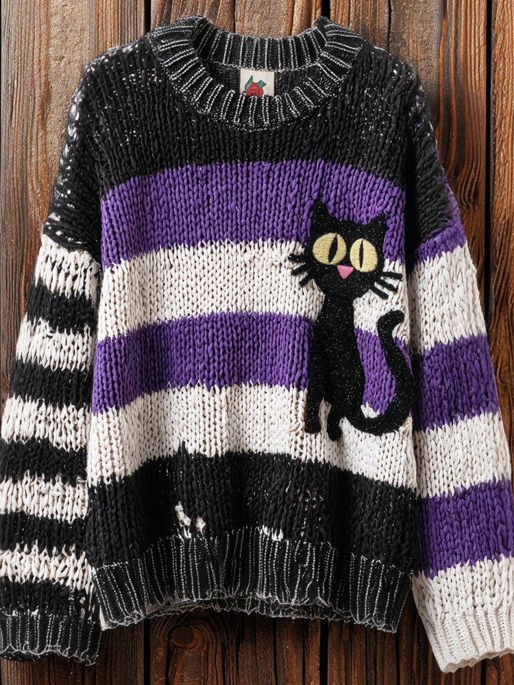 Halloween Black Cat Striped Cozy Knitted Sweater artswardrobe
