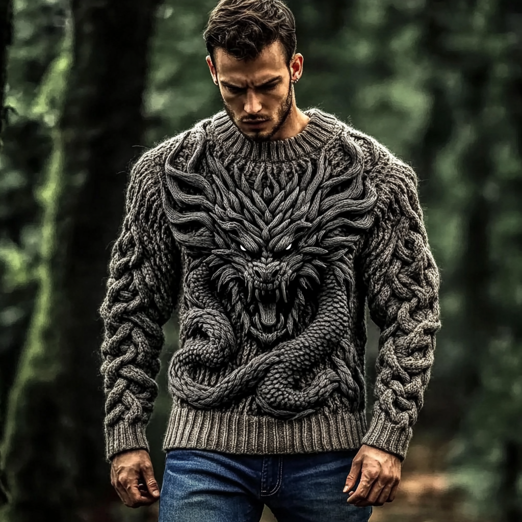 Men's Viking Dragon Celtic Jacquard Knitted Comfort Sweater artswardrobe