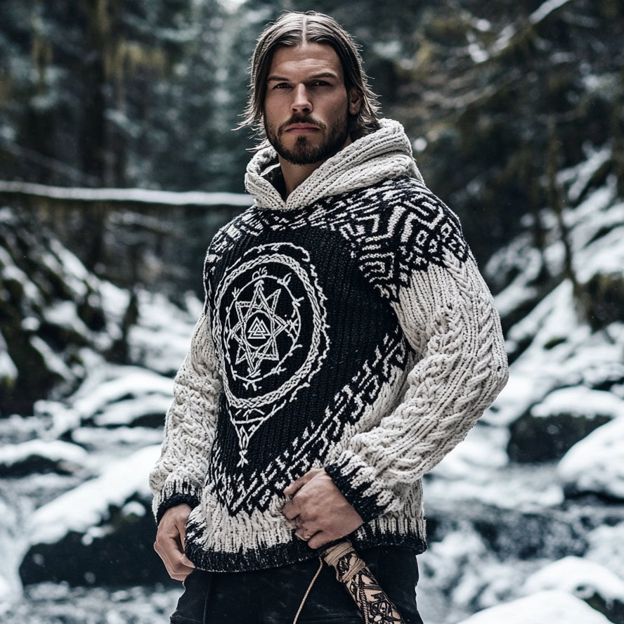 Men's Viking Tribal Jacquard Celtic Knotwork Vintage Rune Inspired Chunky Knit Hooded Sweater artswardrobe