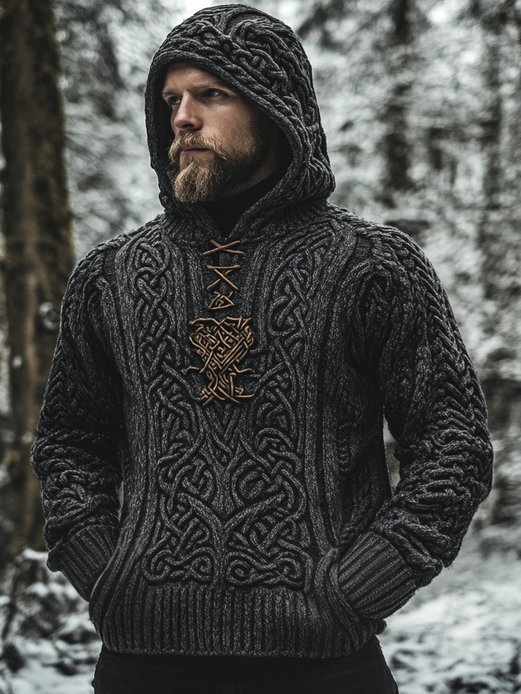 Men's Viking Inspired Celtic Jacquard Retro Hooded Sweater artswardrobe