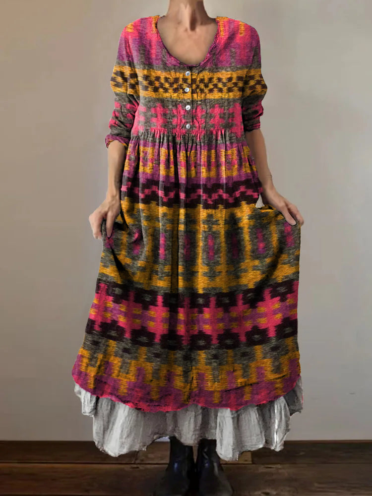 Women's Vintage Striped Art Print V-Neck Button Pocket Cotton Dress