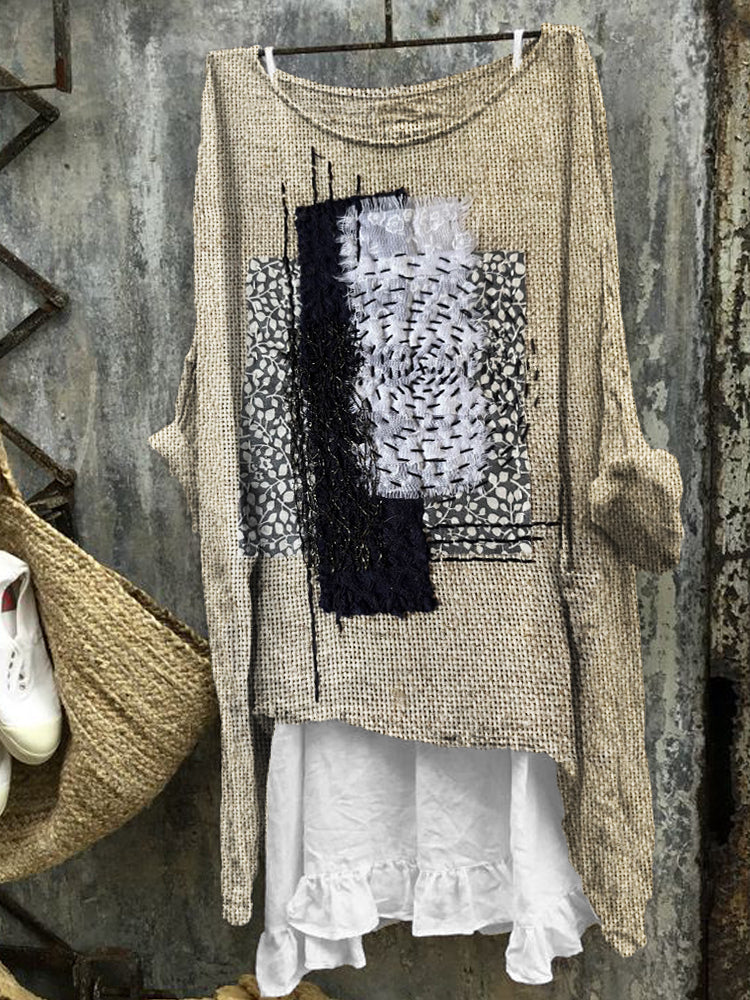 Comstylish Frayed Patch Japanese Sashiko Art Linen Blend Tunic